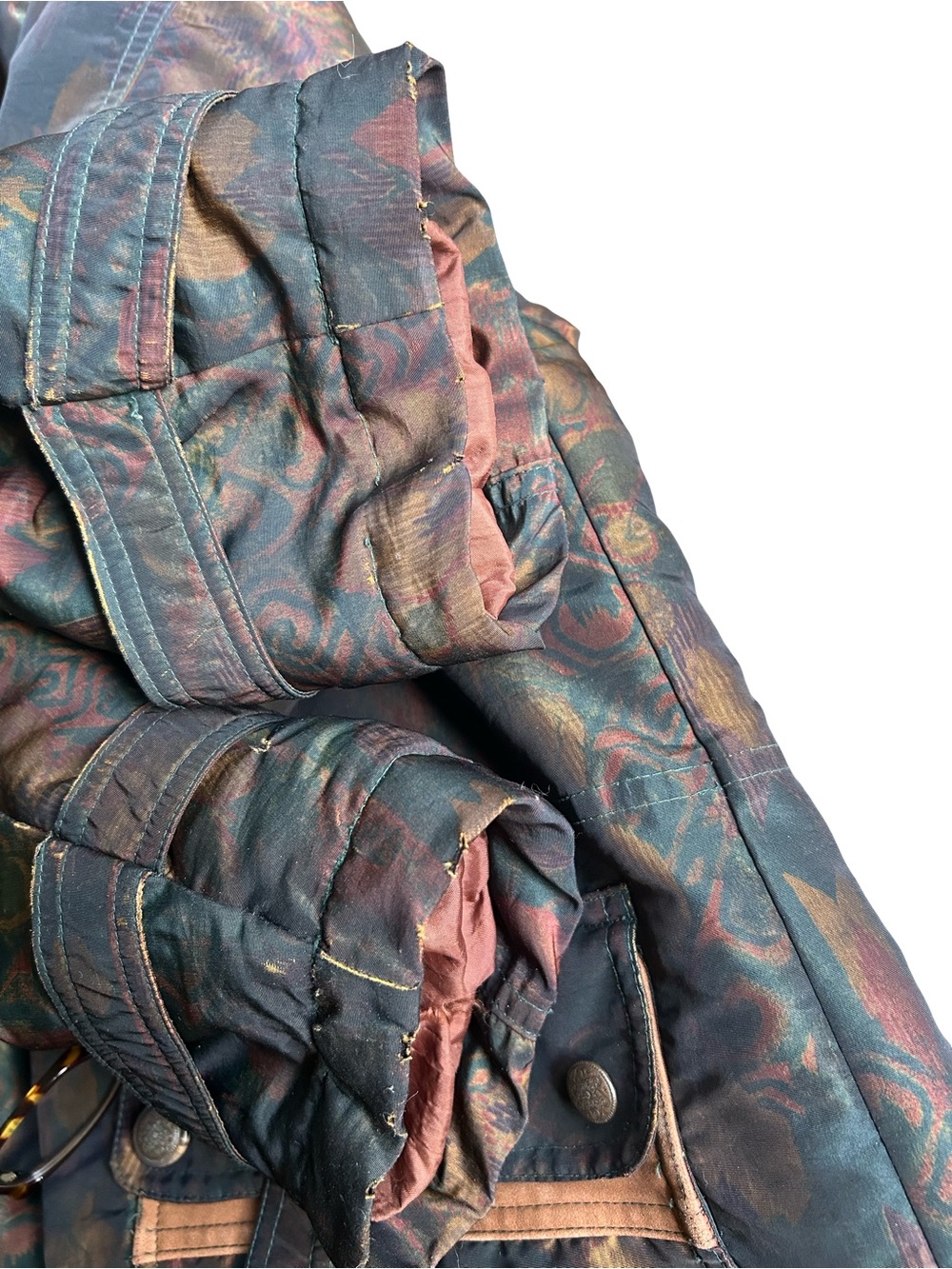 Vintage Forenza Puffer Lightweight Paisley Hooded Parka Leather Accents to Sz L - Picture 9 of 9